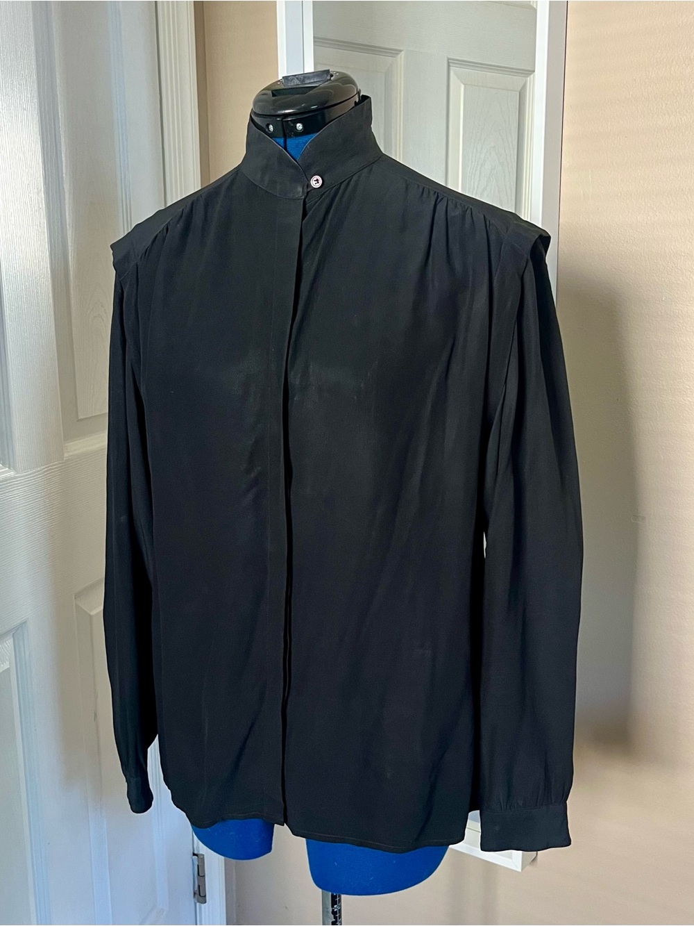 Vintage silk long sleeve button up shirt with unique collar and sleeves